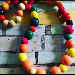 Wood beaded pullover necklace. Rainbow.